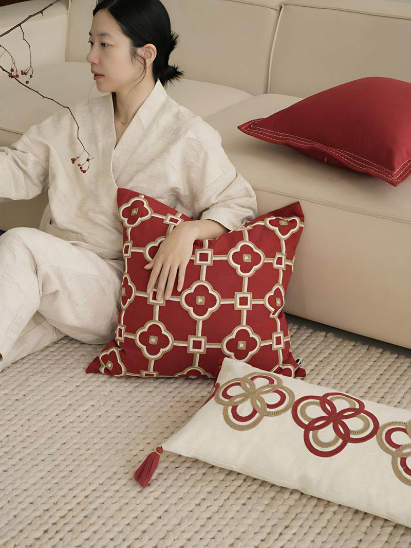 Burgundy Border Embroidery Ramie Cotton Cushion Covers, styled at home