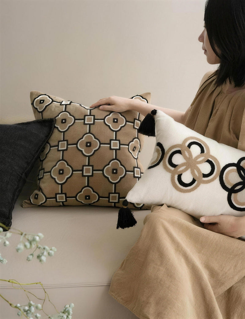 Taupe & Black Lattice Embroidery Cushion Covers, styled at home
