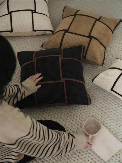 Khaki & Black Basket Weave Cushion Covers, styled at home