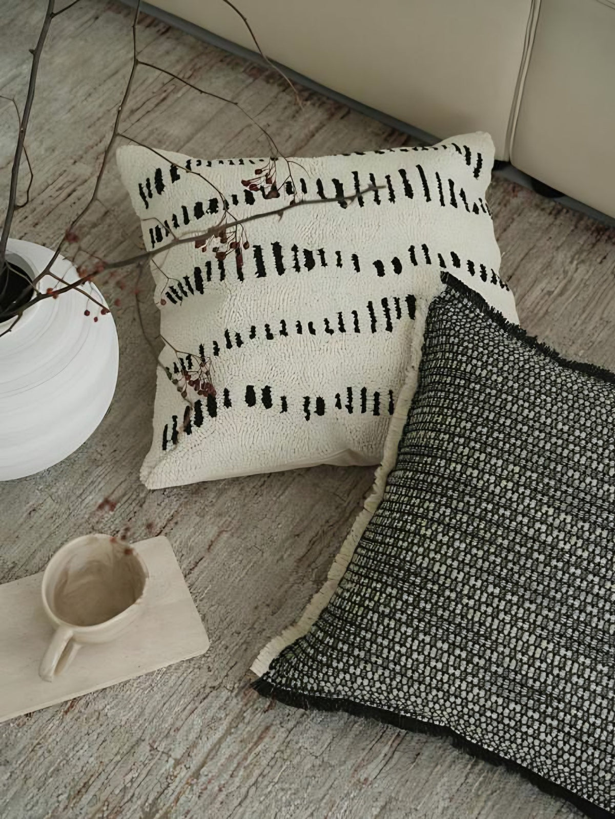 Ivory & Black Brushstroke Loop-Pile Embroidery Cotton Cushion Covers, styled at home