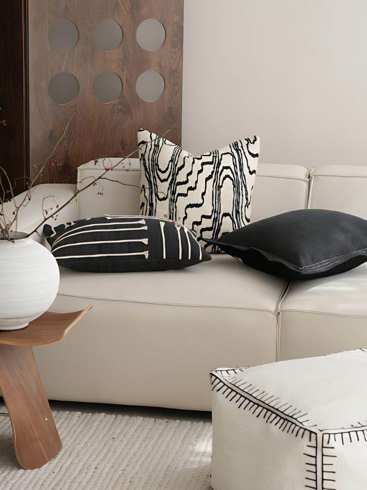 Ivory & Black Wood Grain Embroidery Cushion Covers, styled at home