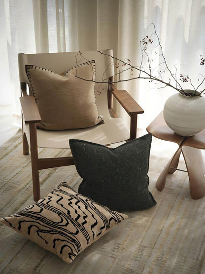 Sand & Black Wood Grain Embroidery Cushion Covers, styled at home