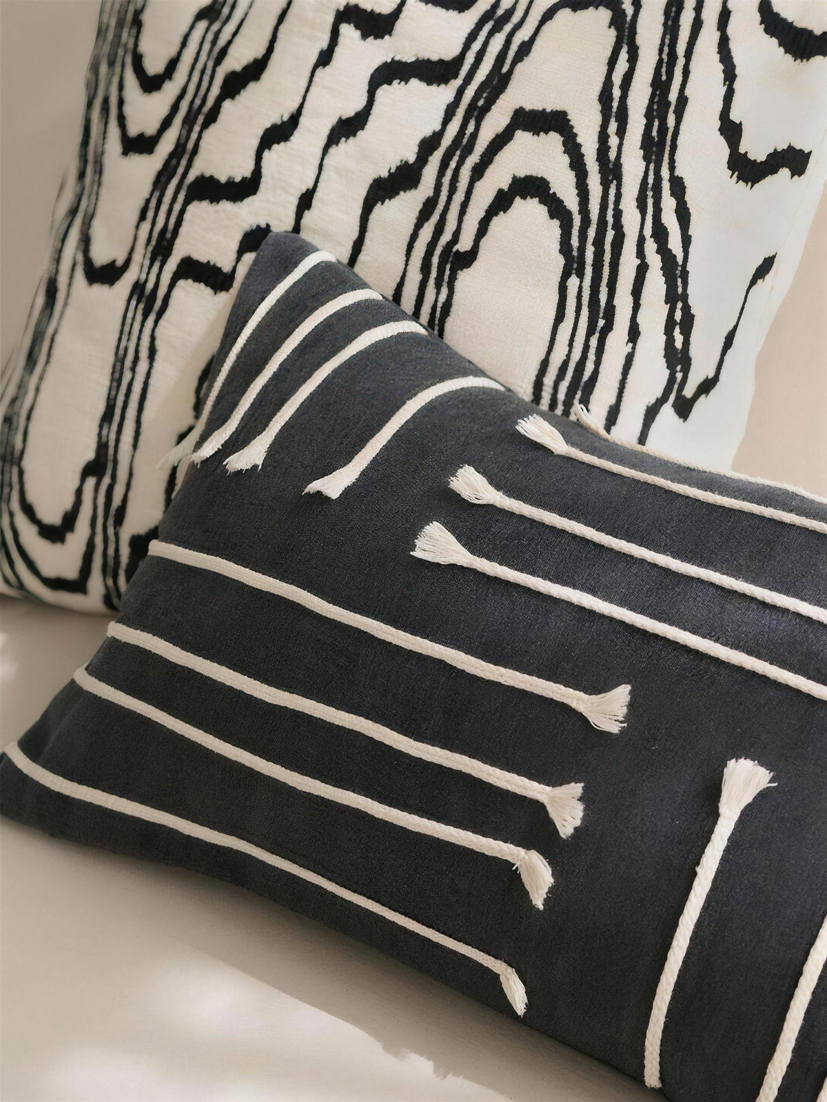 Black & Ivory Embroidery Lumbar Cushion Covers, styled at home
