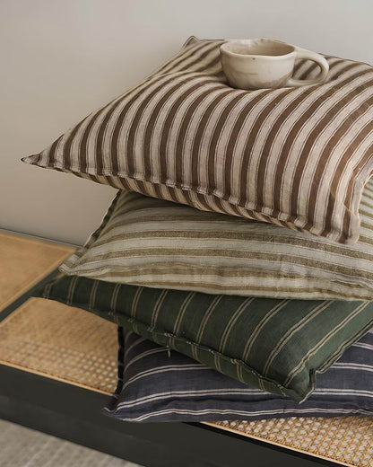 Charcoal Stripe Jacquard Linen Cushion Covers, styled at home