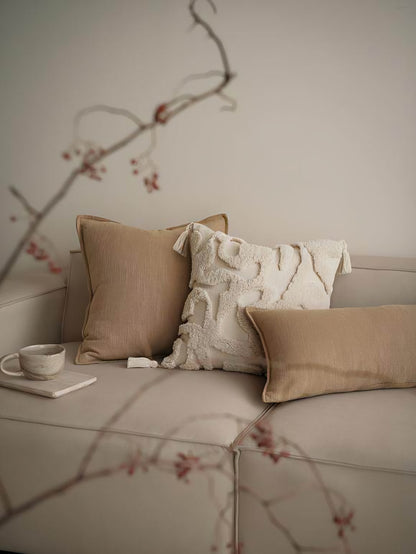 Ivory Leaf Embroidery Linen Cotton Cushion Covers, styled at home