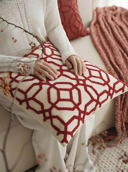 Ivory & Red Lattice Embroidery Cushion Covers, styled at home