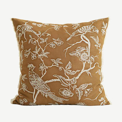 Mustard Bird Embroidery Ramie Cotton Cushion Covers