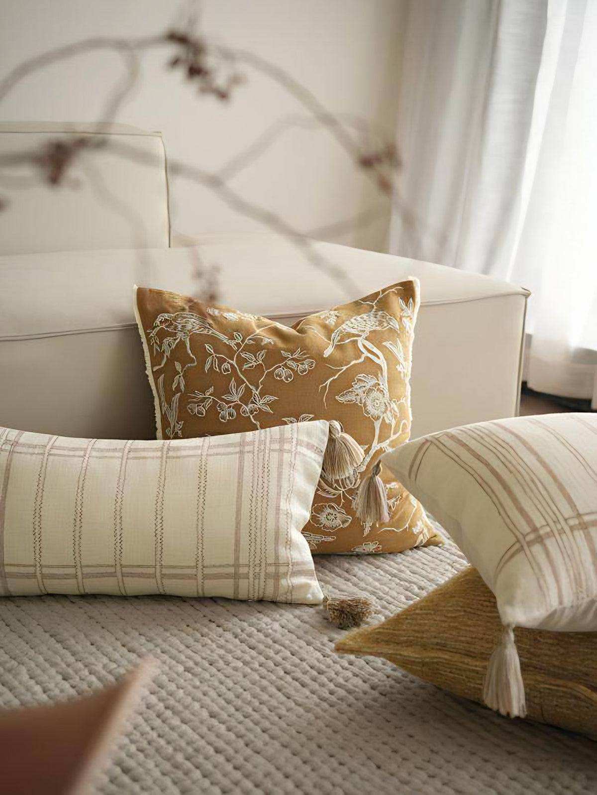 Mustard Bird Embroidery Ramie Cotton Cushion Covers, styled at home