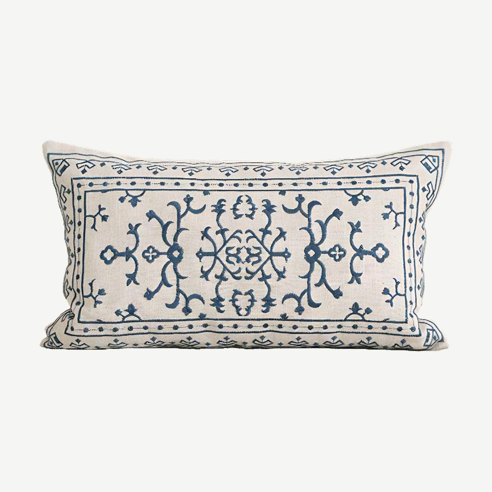 Ivory & Blue Medallion Embroidery Lumbar Cushion Covers