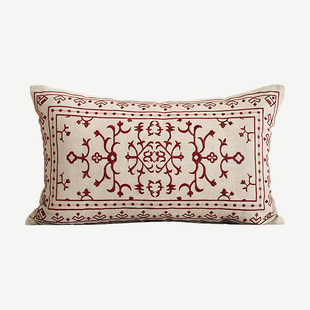 Ivory & Red Medallion Embroidery Lumbar Cushion Covers
