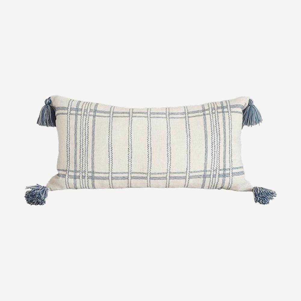 Ivory & Blue Check Embroidery Lumbar Cushion Covers