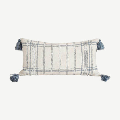 Ivory & Blue Check Embroidery Lumbar Cushion Covers