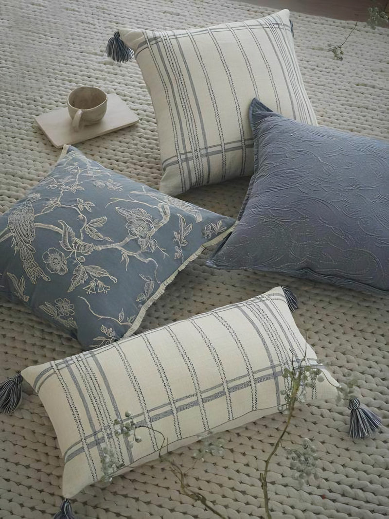 Ivory & Blue Check Embroidery Lumbar Cushion Covers, styled at home