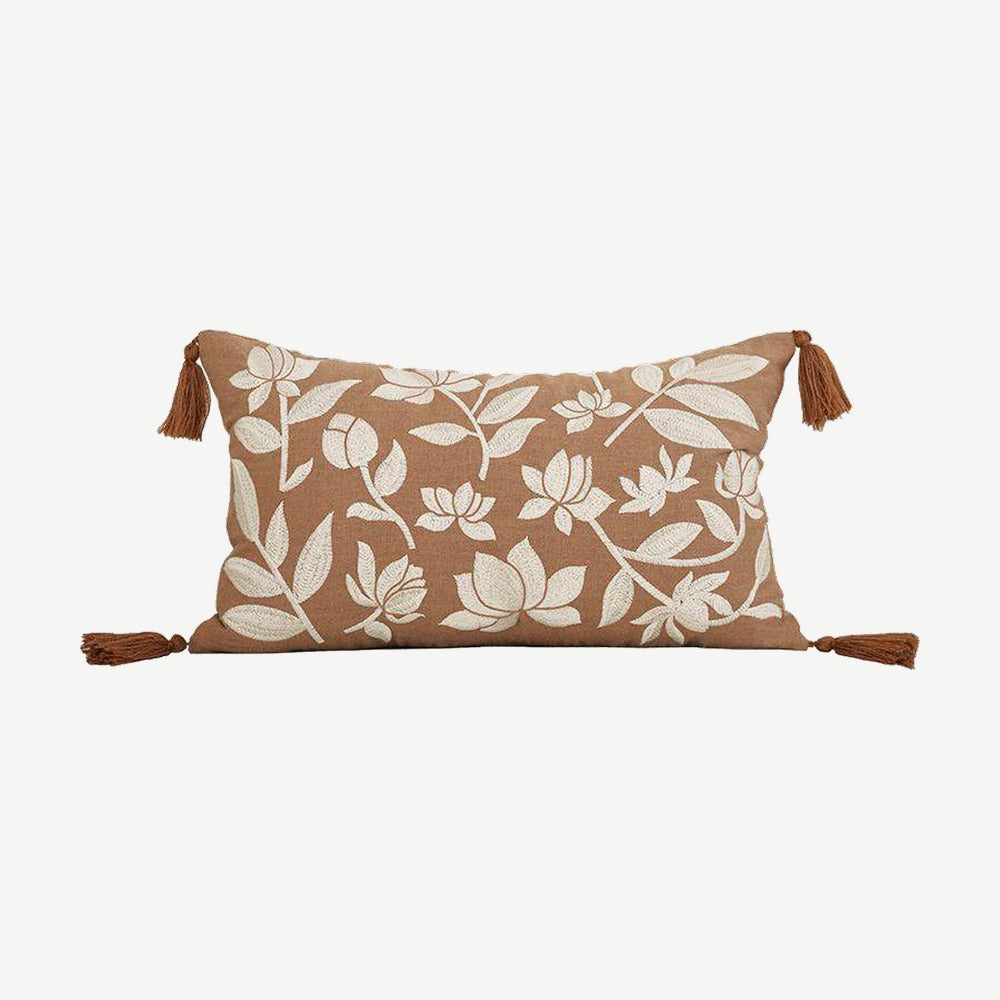 Terracotta Lotus Embroidery Ramie Cotton Lumbar Cushion Covers