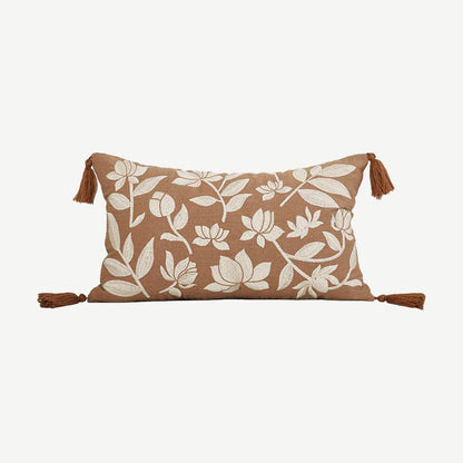 Terracotta Lotus Embroidery Ramie Cotton Lumbar Cushion Covers