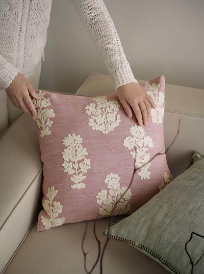Rose Pink embroidery cushion covers, styled at home