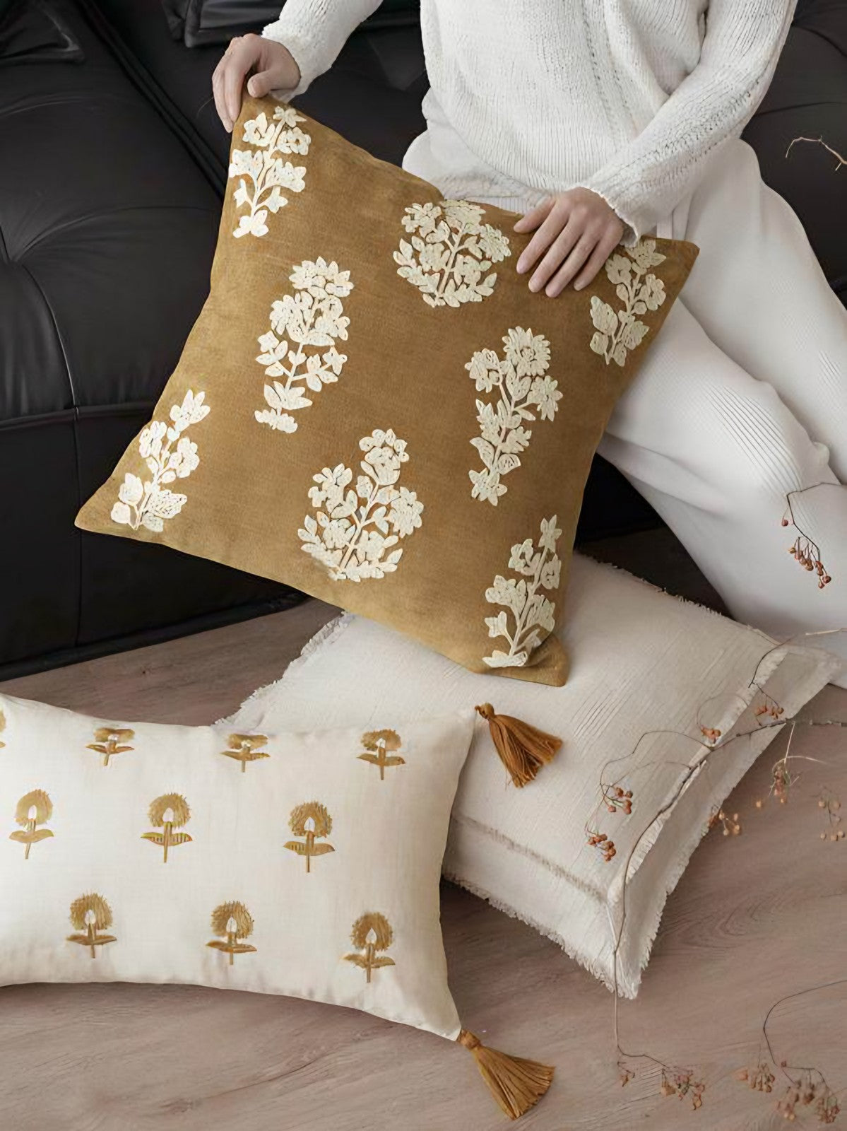 Mustard Floral Embroidery Cushion Covers, styled at home