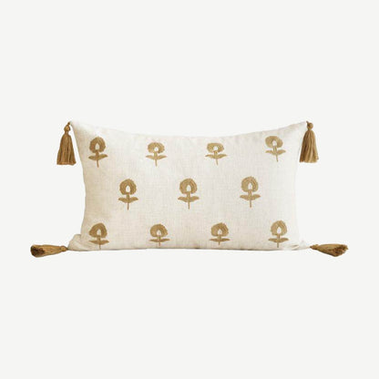 Ivory & Ochre Floral Embroidery Lumbar Cushion Covers