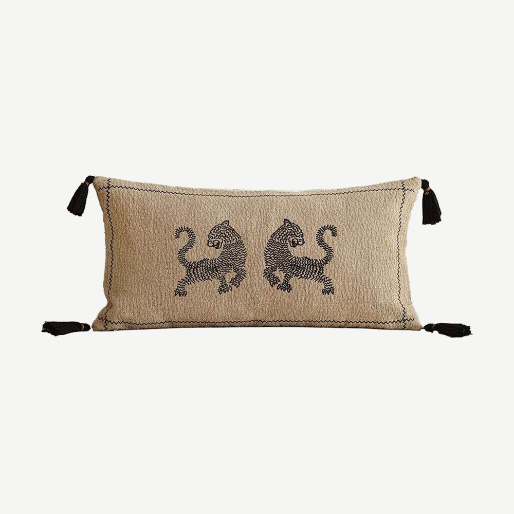 Sand & Black Tiger Embroidery Lumbar Cushion Covers