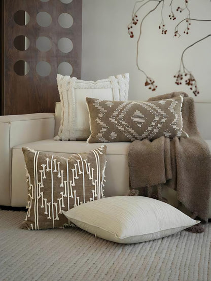 Cocoa cord embroidery cushion covers, styled at home