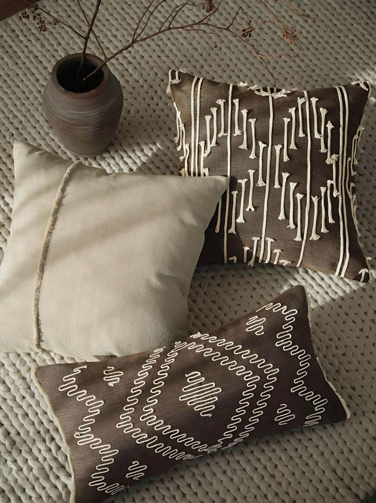 Espresso cord embroidery cushion covers, styled at home
