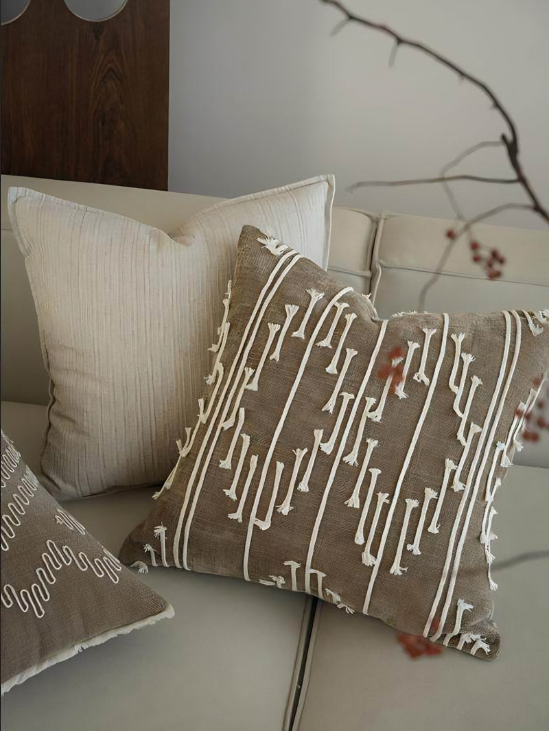 Cocoa cord embroidery cushion covers, styled at home