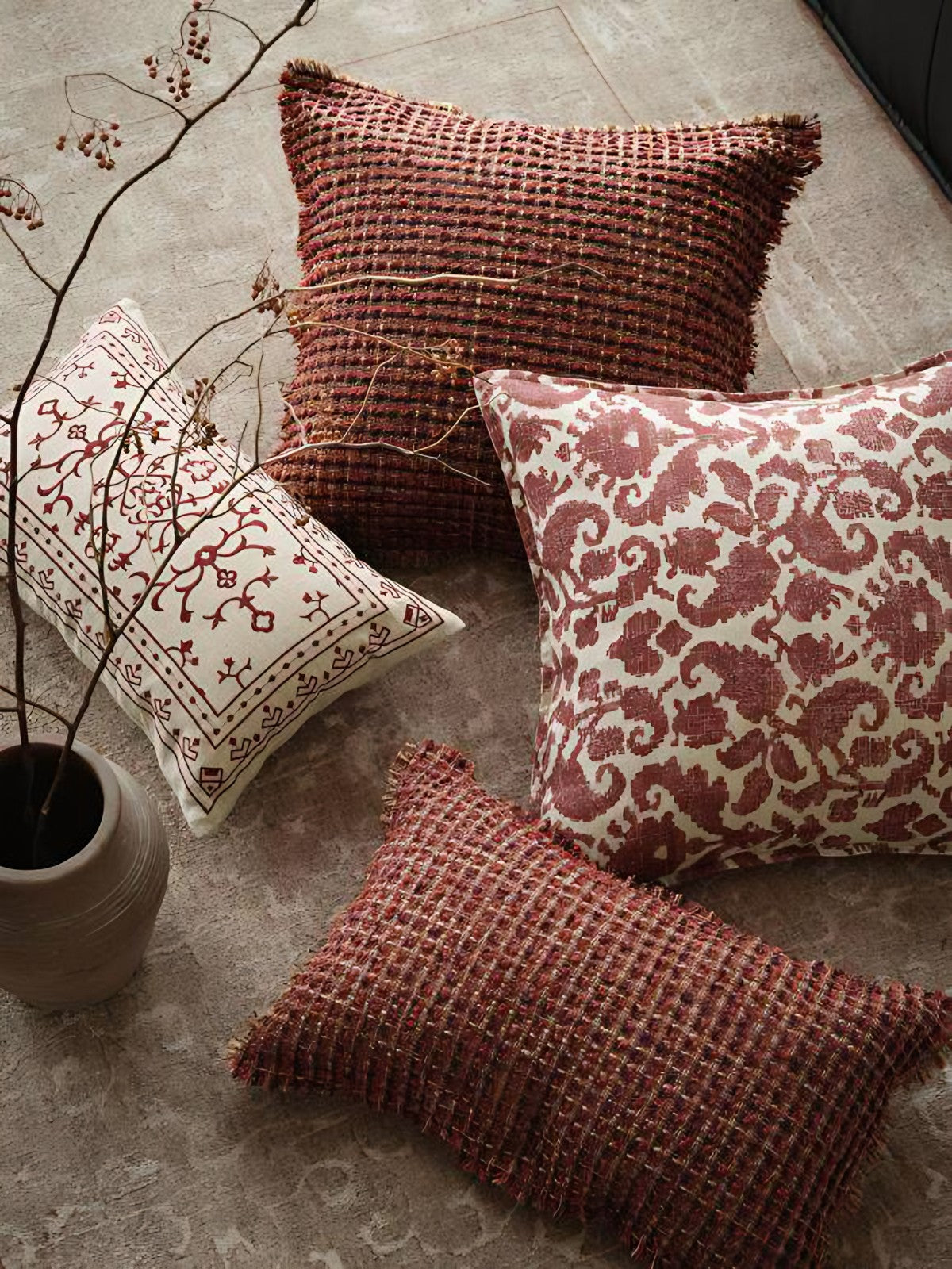 Brick Red Fringed Embroidery Cushion Covers, styled at home