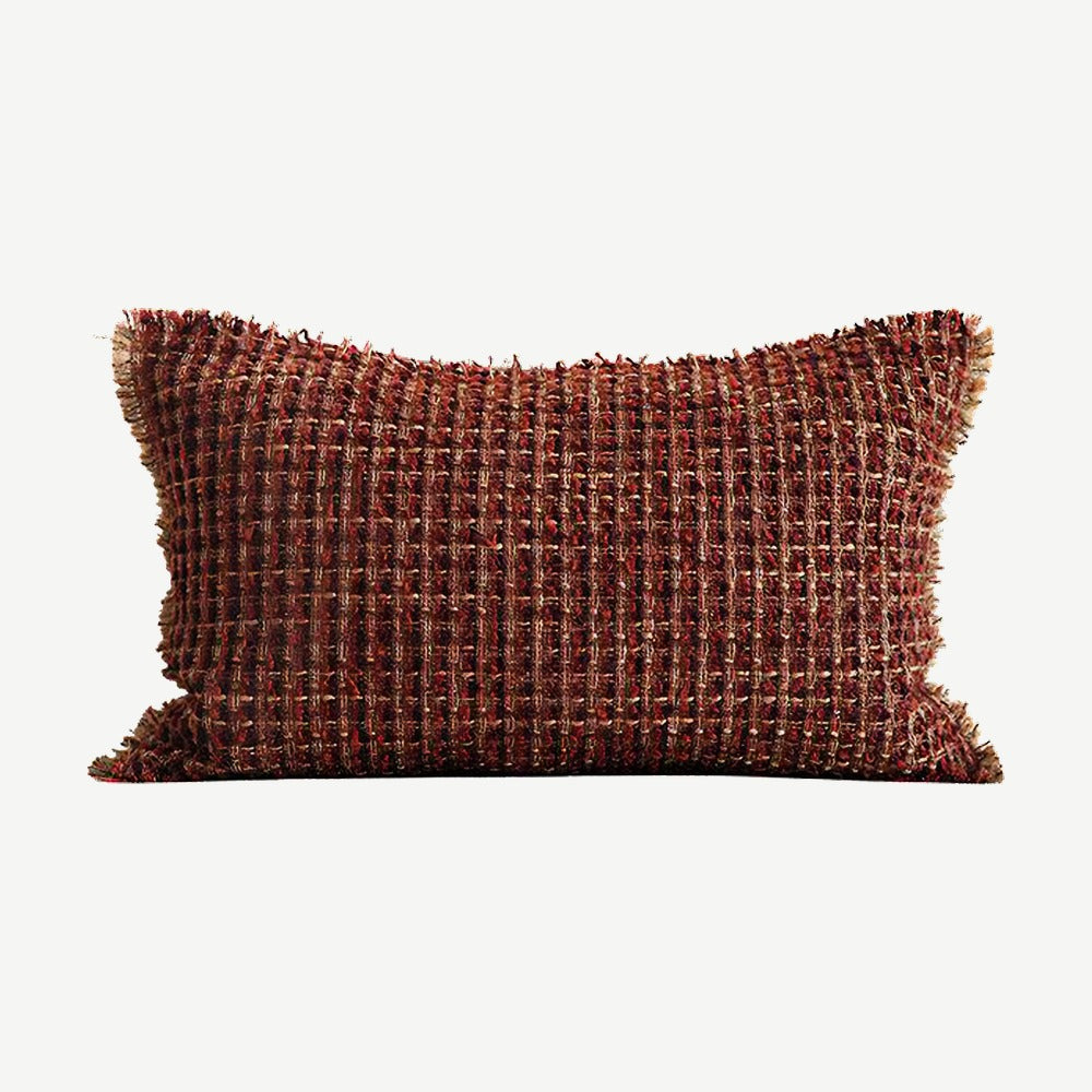Brick Red Fringed Embroidery Lumbar Cushion Covers