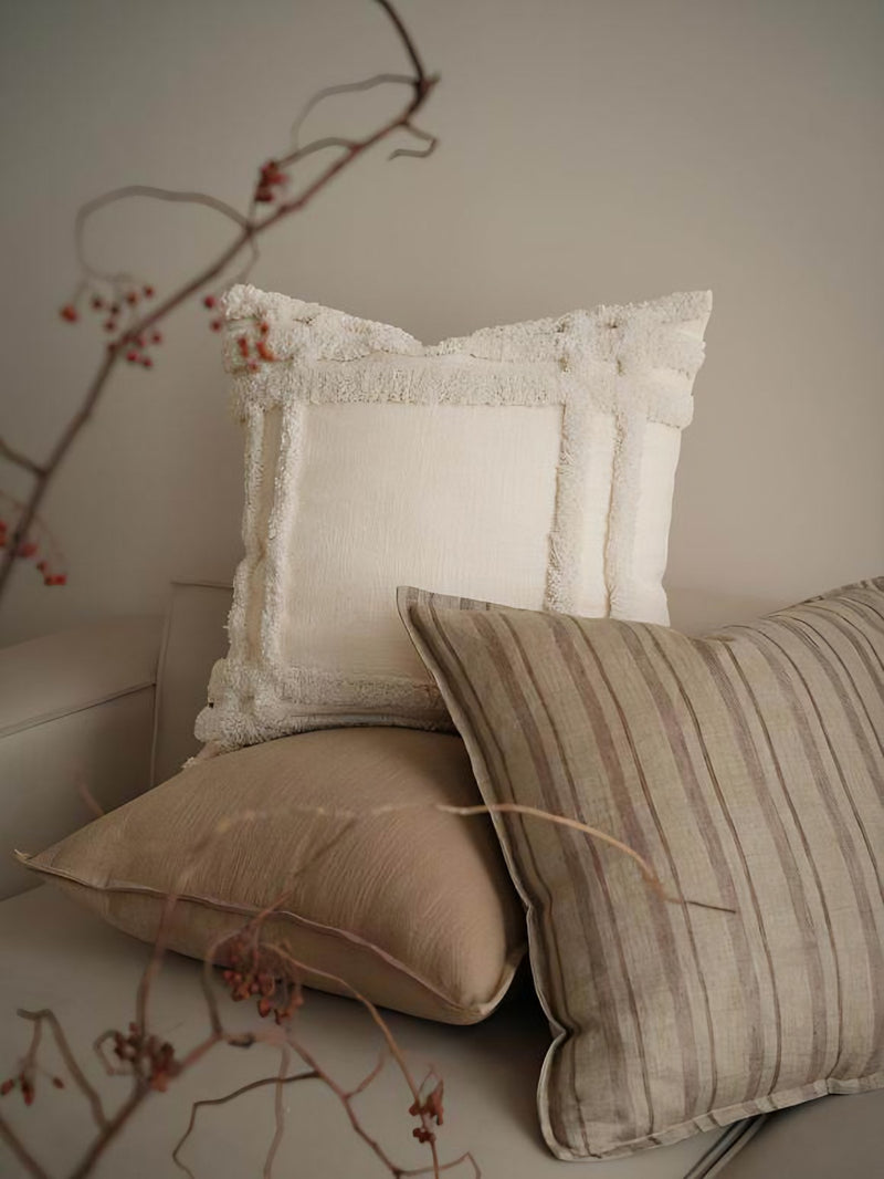 Ivory Framed Jacquard Cotton Cushion Covers, styled at home