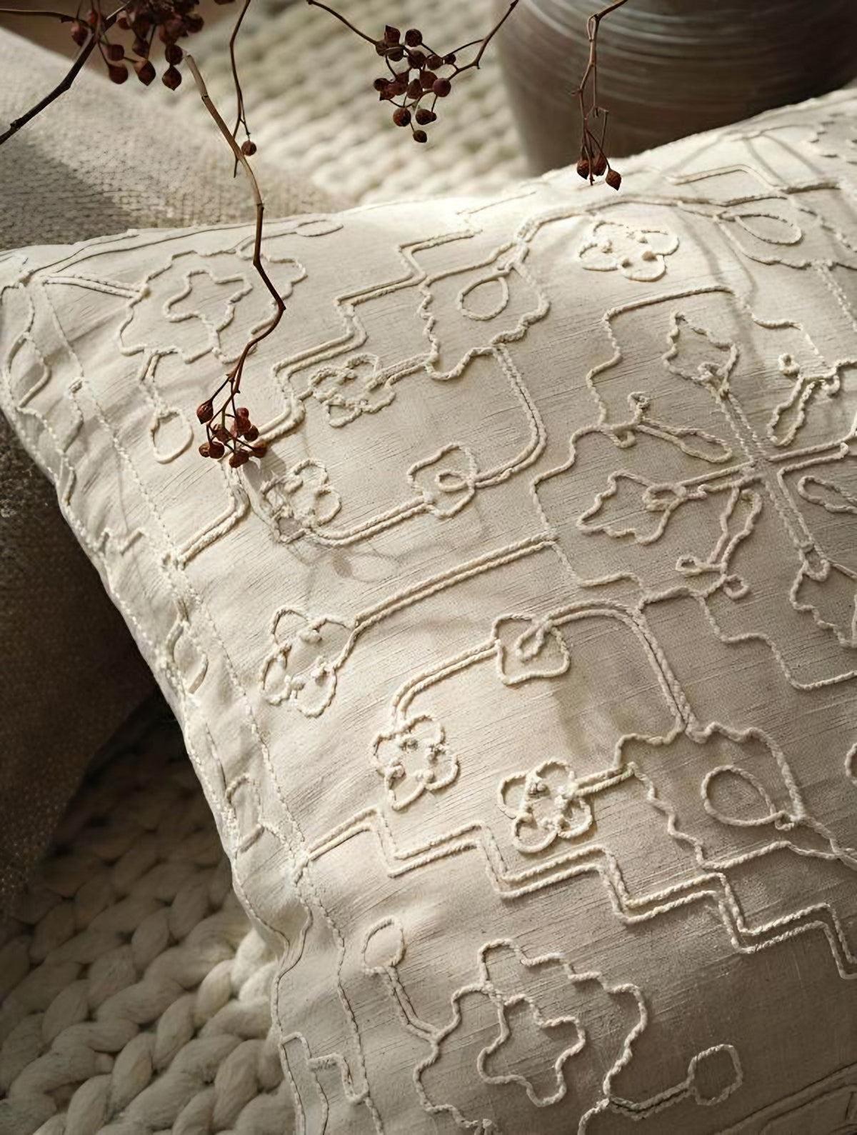 Oat cord embroidery cushion covers, styled at home