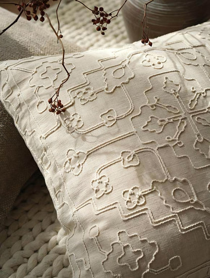Oat cord embroidery cushion covers, styled at home