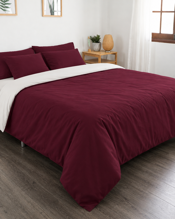 Burgundy Red duvet cover with off white reverse, off white fitted sheet and burgundy red pillowcases in Plain Cotton