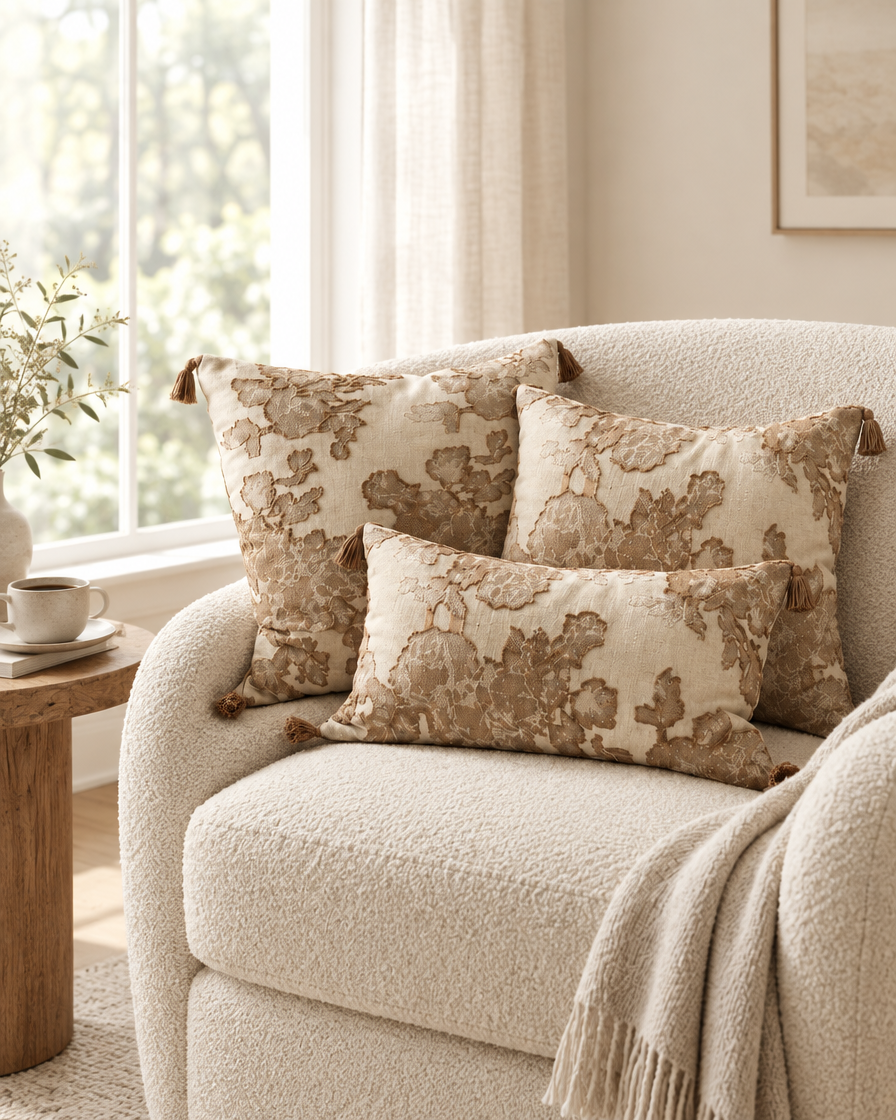 Ivory and tan camellia embroidered cushions on a boucle armchair by a window with a coffee cup