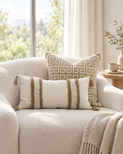 Caramel and ivory loop-pile cushions on a boucle armchair by a window with a coffee cup