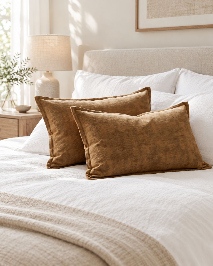 Caramel slub jacquard cushions on a made bed with white linen and a bedside lamp