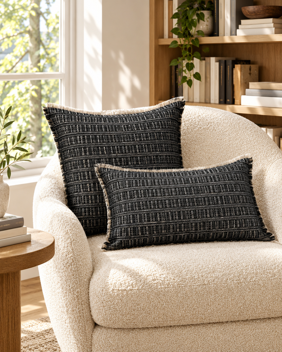 Charcoal grid-embroidered cushions with frayed edges on a bouclé armchair in a sunny reading nook