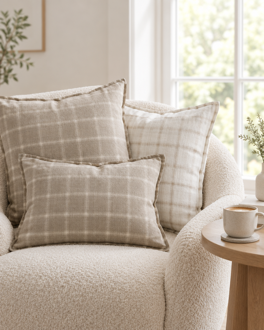 Taupe and ivory check linen cushions on a boucle armchair by a window with a coffee cup