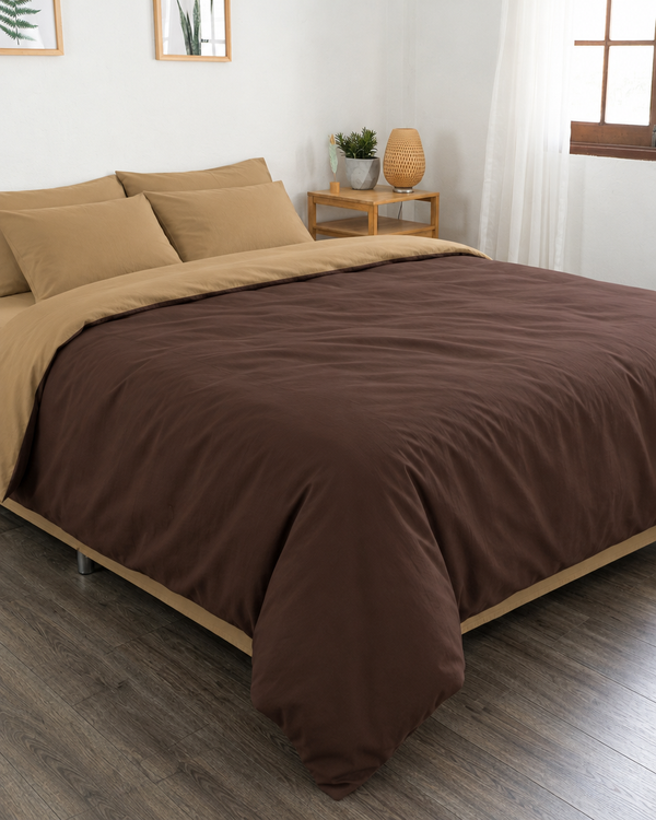 Chocolate duvet cover with sand reverse, sand fitted sheet and sand pillowcases in Plain Cotton