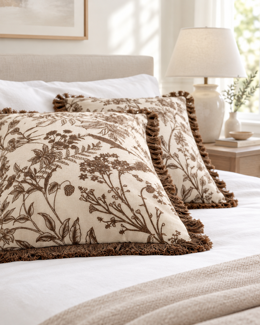 Chocolate botanical jacquard cushions on a made bed with white linen and a bedside lamp