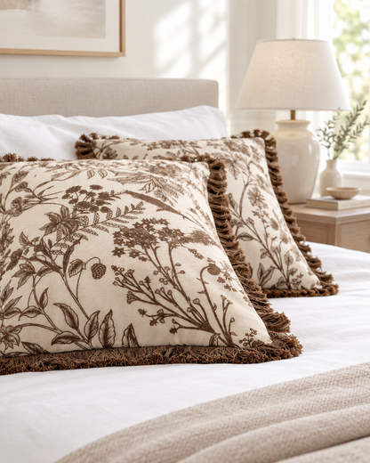 Chocolate botanical jacquard cushions on a made bed with white linen and a bedside lamp