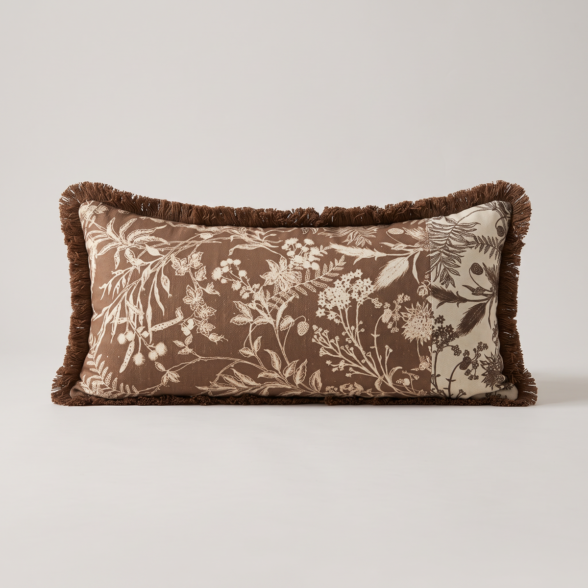 Chocolate botanical jacquard cotton linen cushion cover, single lumbar cushion