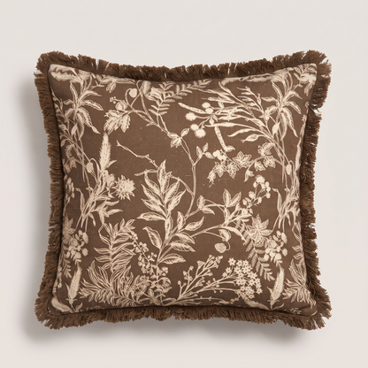 Chocolate botanical jacquard cotton linen cushion cover, single square cushion