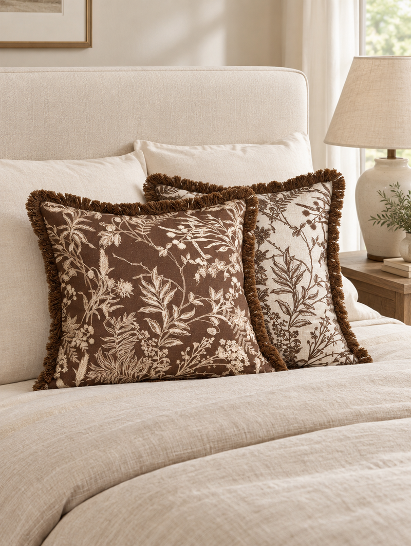 Chocolate brown botanical jacquard cushions with brush fringe on an oatmeal linen duvet beside a ceramic lamp