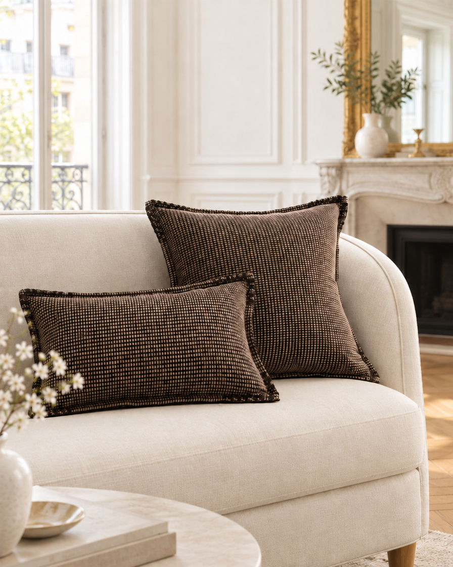 Chocolate check jacquard cushions, square and lumbar, on a pale settee in a Parisian panelled salon