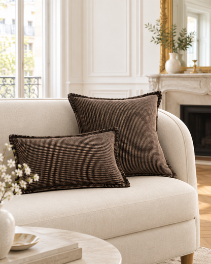 Chocolate check jacquard cushions, square and lumbar, on a pale settee in a Parisian panelled salon
