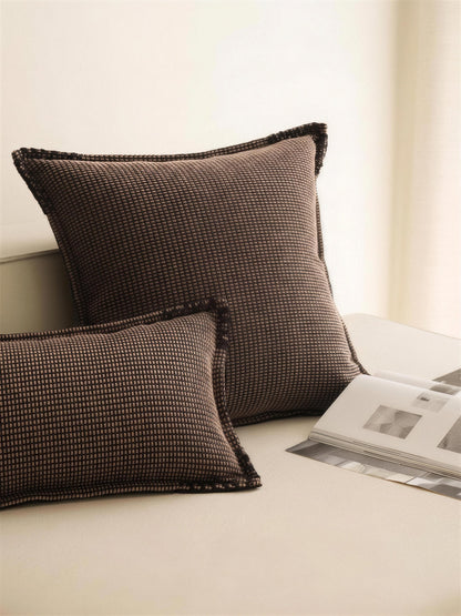 Chocolate Check Jacquard Cushion Covers, styled at home