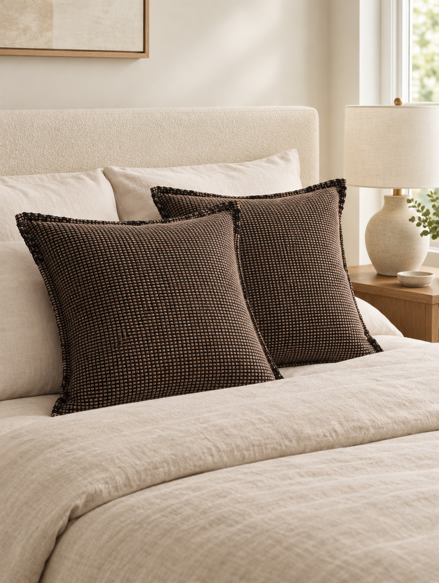 Chocolate check jacquard cushions with black whipstitch edges on a linen duvet beside a ceramic lamp