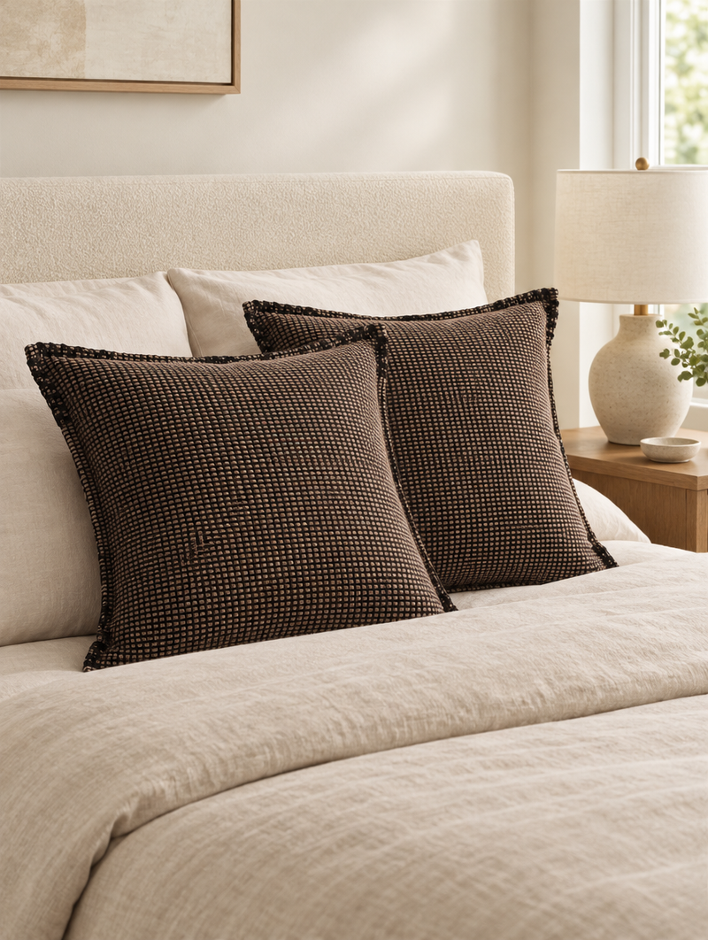 Chocolate check jacquard cushions with black whipstitch edges on a linen duvet beside a ceramic lamp