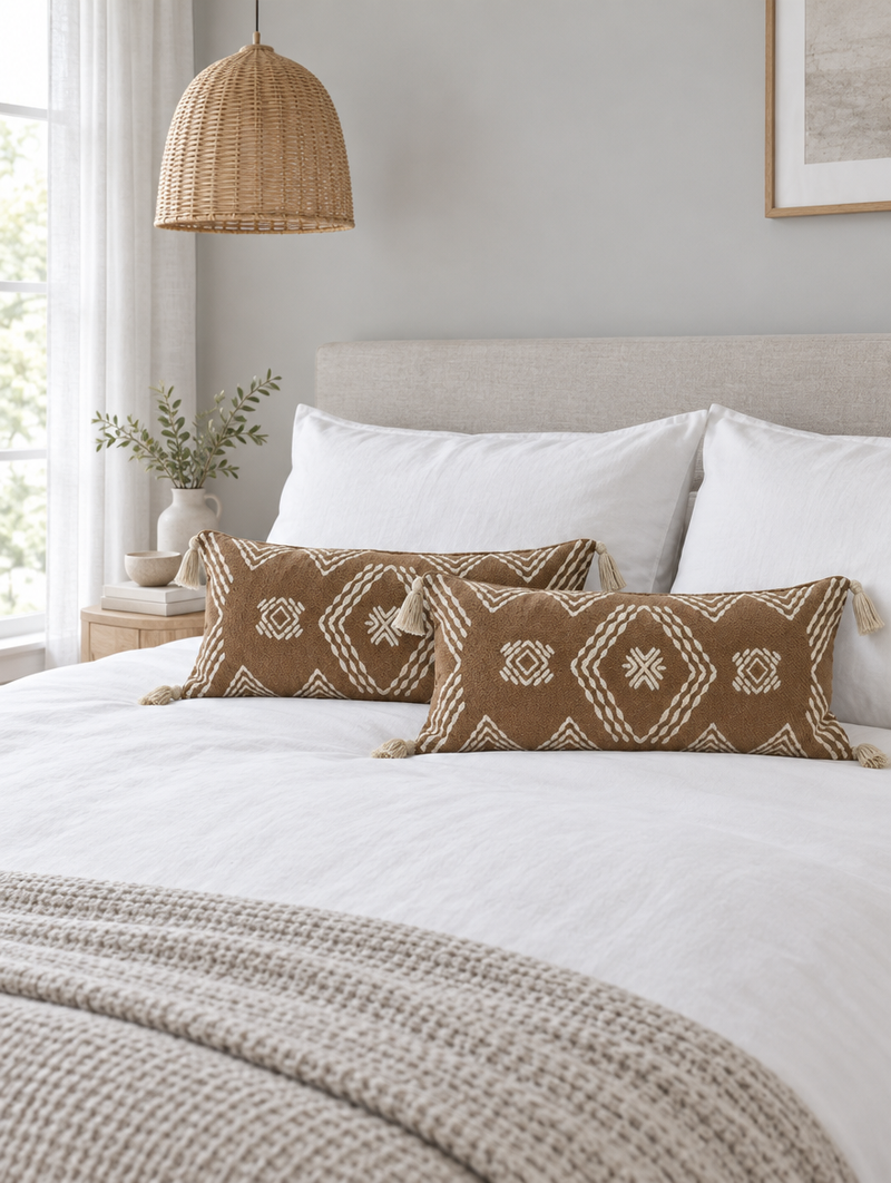 Pair of cinnamon diamond-embroidered lumbar cushions with cream tassels in front of white pillows on a made bed