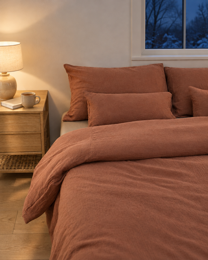 Copper Cloud Cotton double gauze bed on a winter evening